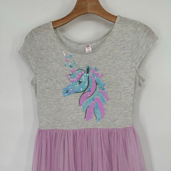 Justice Girls' Unicorn Sequin Dress Grey & Pink Short Sleeve Size 14 -16 - Picture 3 of 11